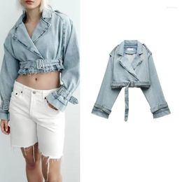 Women's Jackets Retro Washed Distressed With Belt Denim Wind-Breaker