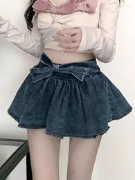 Skirts Summer Blue Vintage Sweet Skirt Women A-line Designer Causal Mini Female Holiday Bow Korean Fashion Denim Cake 2024