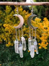 Dangle Earrings Natural Transparent Quartz Crystal Moon And Stars Celestial Mysterious Gothic Witch Jewellery Women's Gifts