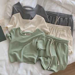 Home Clothing Slim Fit Minimalist Sports Suit For Ladies Summer Casual Short Sleeved T-shirt Elastic Waist Shorts 2Pcs Women's Set