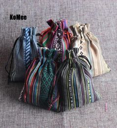 New Pouches 50Pcs Multi Colours Stripe Tribal Tribe Drawstring Jewellery Gift Bags Cotton Cloth Chinese Ethnic Style 9x13cm52673446298501