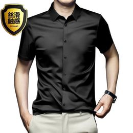 6XL Mens short sleeve shirt Spring/Summer and large solid ice silk non-ironing luxury Business fashion casual wrinkle-proof 240409