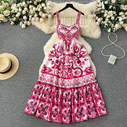 Casual Dresses Bohemian Style Printed Slip Dress Waist-Controlled Slim For Women Summer Light Luxury Ladylike One-Piece Skirt Red Long