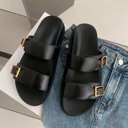 Slippers Withered Fashion Blogger Ladies Thick-soled Flat Shoes Black Casual Genuine Leather Commuter Women