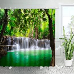 Waterfall Bathroom Curtains Spring Forest Park Shower Curtain Green Bamboo Nature Landscape Waterproof Fabric Home Bathtub Decor