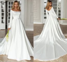 Scoop Neck Minimal Ivory Satin Wedding Dress A Line Long Sleeves Modern Bridal Gowns Court Train Plus Size Women Bride Robes de Mariee Marriage Reception Dress CL3486