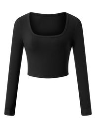 Women Scoop Neck Rib Knit Long Sleeve Crop Top T-Shirts Solid Slim Fitted Yoga Cropped T-Shirt Pullover Tops