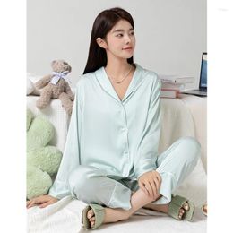 Women's Sleepwear Solid Colour Female 2PCS Pyjamas Set Spring Summer Silky Satin Long Sleeve Trouser Pijamas Suit Loose Home Clothes