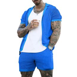 Summer Fashion Hollow Out Mesh Two Piece Sets Men Casual Pure Color Short Sleeve Shirt And Shorts Mens Suits Sexy Beach Outfits 240409