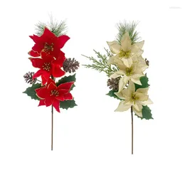 Decorative Flowers Artificial Christmas Flower Poinsettia Bush Pine Needles Bouquet Decoration Fake Home Table Centrepieces Decor