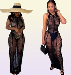 Mesh Stacked Maxi Dress See Through Sexy Women Fashion Sleeveless Backless Spaghetti Strap Female Clubwear Skirts9032309