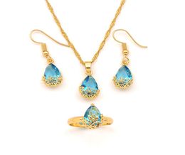 18K Yellow Gold GF Pendant Earrings Ring twisted chain Water Drop sapphire Crystal Rectangle Gem with Bridal Jewellery9668822