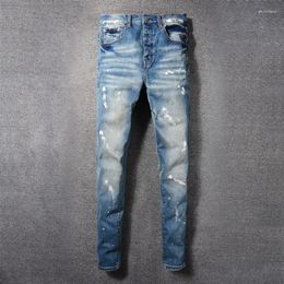 Men's Jeans Street Fashion Men Retro Blue Stretch Skinny Fit Buttons Ripped Painted Designer Hip Hop Brand Pants Hombre