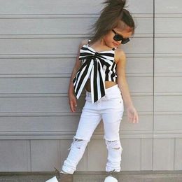 Clothing Sets Summer Kids Clothes Baby Girls Bowknot Sleeveless Striped Crop Top White Ripped Pants Toddler Casual Two-piece