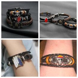 Charm Bracelets Anime One Piece Pirate Bracelet Cartoon Action Punk Black Leather Woven Cowhide Braided Vintage Multi-layered