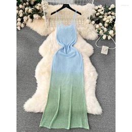Casual Dresses Summer Seaside Holiday Beach Long Dress Women Design Color-matching Slim-fit Knitted Slip Base