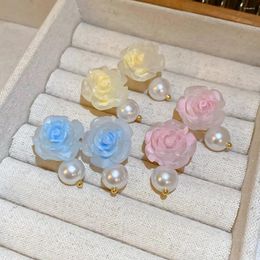 Dangle Earrings Rose Flower Pearl For Women Spring Summer Fahsion Blue Yellow Pink Stud Earring Korean Designer Jewellery