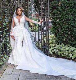 2021 Designer Lace Wedding Dresses Mermaid Overskirt Detachable Train Long Sleeves Bridal Gowns With Sexy Deep V Neck Gorgeous Wed9133976