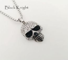 Black Knight Full Rhinestones Bling Bling Skull pendant neckalce Silver Colour stainless steel Skull punk necklace BLKN07806279309