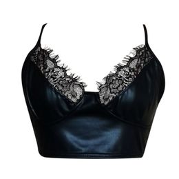 Sexy Patent Leather Lace Camisole Women Black Sling Strap V-Neck Crop Top Summer Y2k Streetwear Camis Party Nightclub Corsets