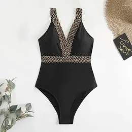 Women's Swimwear 2024 Black Patchwork One Piece Swimsuit Women Conservative V-Neck Suspender Backless Bikini Summer Slim Beach Monokini