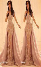 Long Sleeves Formal Arabic Evening dresses 2019 Vestidos De Festa Lace Appliques Crew Sheer Neckline Over Skirts Vintage Mermaid P1594788