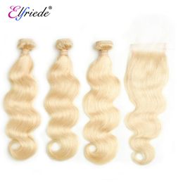 Elfriede #613 Blonde Body Wave Bundles with Closure Brazilian Remy Human Hair Weave 3 Bundles with 4X4 Transparent Lace Closure