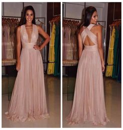 Charming Pink Deep VNeck Sexy Prom Dresses 2018 Cross Back A Line Long Evening Wear Cheap Party Gowns8818612