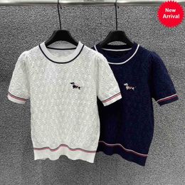 Spring/summer Tb Dog Embroidery 3d Jacquard Knitted Short Sleeve Shoulder T-shirt Top for Women 2024 New