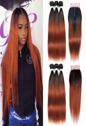 Dark Auburn Human Hair Weave 3 Bundles with 44 Lace Closure 1B33 Straight Ombre Brazilian Virgin Hair PreColored NonRemy Hair3663240