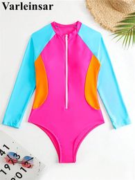 Women's Swimwear S - XL Splicing Long Sleeve One Piece Swimsuit Women Female With Zipper High Leg Cut Bather Bathing Suit Swim V5482