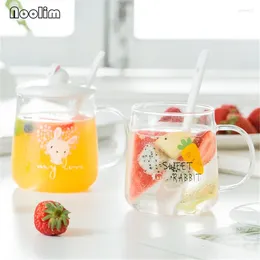 Wine Glasses Heat Resistant Glass Simple Cartoon Coffee Mug With Lid And Spoon Set Transparent Cute Office Tea Cup Drinkware 520ML