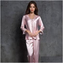 Women'S Sleepwear Women Bowknot Pajamas Sets With Pants Long Sleeve Satin Casual Pyjama Nightwear Loose Home Clothes Silk Pijama 2011 Dh0Cw