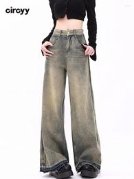 Women's Jeans Circyy Women High Waisted 2024 Full Length Washed Wide Leg Loose Trousers Fashion Vintage Burr Designer Denim Pants