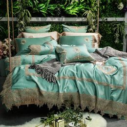 Bedding Sets Green White Luxury 80S Egyptian Cotton Royal Gold Lace Embroidery Set Duvet Cover Bed Linen Sheet Pillowcases 4/7pcs