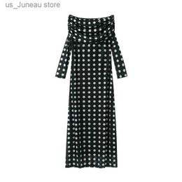 Basic Casual Dresses Sexy Polka Dot Dresses For Women Off Shoulder Mesh Patchwork Party Dress Long Slves Ruched Vestidos Summer Lady Elegant Robes 1 T240415