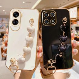 Love Heart Wrist Chain Silicone Case For Huawei Honour X8 X8a 4g 5g X6 X6s X7 X7a 50 Pro 70 90 Lite Luxury Plating Cover