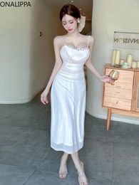 Casual Dresses Onalippa Swing Collar Beaded Dress Heavy Industry High Waist Sexy Suspender Korean Celebrity Style Vestidos Women