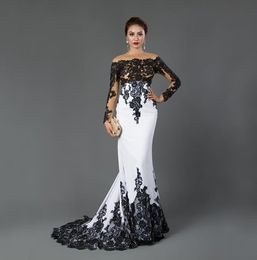 White and Black Mermaid Evening Dresses 2020 New Selling Custom Applique Offtheshoulder Long Sleeve Lace Formal Prom Party G8615880