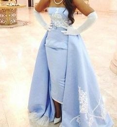 Elegant Light Sky Blue Sheath Prom Dresses Strapless Sexy Formal Evening Gowns Embroidery Appliques Lace Party Dress Detachable Tr5842812