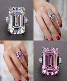 With Side Stones Unique Jewellery Real 925 Sterling Silver Emerald Cut Large Pink Sapphire CZ Diamond Promise Party Princess Women W9738240