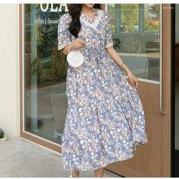 Casual Dresses Korean Style V-neck Stitching High Waist Tied Dress Lace