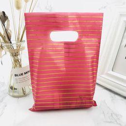 Gift Wrap Small Plastic Bag With Handles Wine Red Gold Stripes Boutique Shop Jewelry Display Handle Pouch 15x20cm
