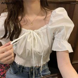 Women's Blouses Summer Sweet Slim Folds Women Square Collar Puff Sleeve Sexy Gentle Crop Tops Simple Girls Lace-up Blusas Mujer Trendy