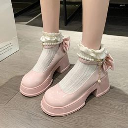 Dress Shoes String Bead Bow Mary Jane Women Mid Heels Lolita Summer Fashion Shallow Chunky 2024 Pumps Femme Zapatos