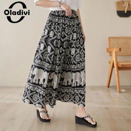 Skirts Big Size Women Fashion Print Elastic Waist A-Line 2024 Summer Casual Loose Bottoms Oversized Clothing 667