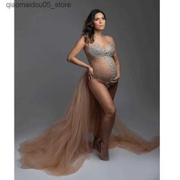 Maternity Dresses Fashion sheer pearl elastic tight fitting clothing for pregnant women photography slide Rhinestone jumpsuit wedding props Q240413