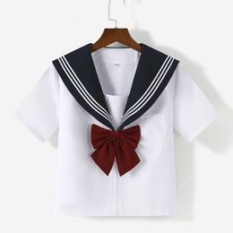 Japanese Style Student Girl School Uniform Girl Navy Blue Clothing Women's Sexy White JK Suit Sailor Flower Shirt Pleated Skirt