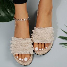 Slippers Ladies Solid Colour Tassel Fabric Fashion Summer Open Toe Flat Bottom Footwear Beach Grass Woven For Women