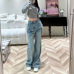 Basic & Casual Dresses Autumn/winter Spicy Girl Combination Fake Two Pieces Miu Letter Embroidered Loose Straight Barrel High Waist Denim Pants for Women